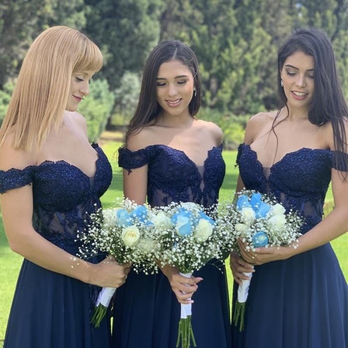 Navy blue and white wedding dress